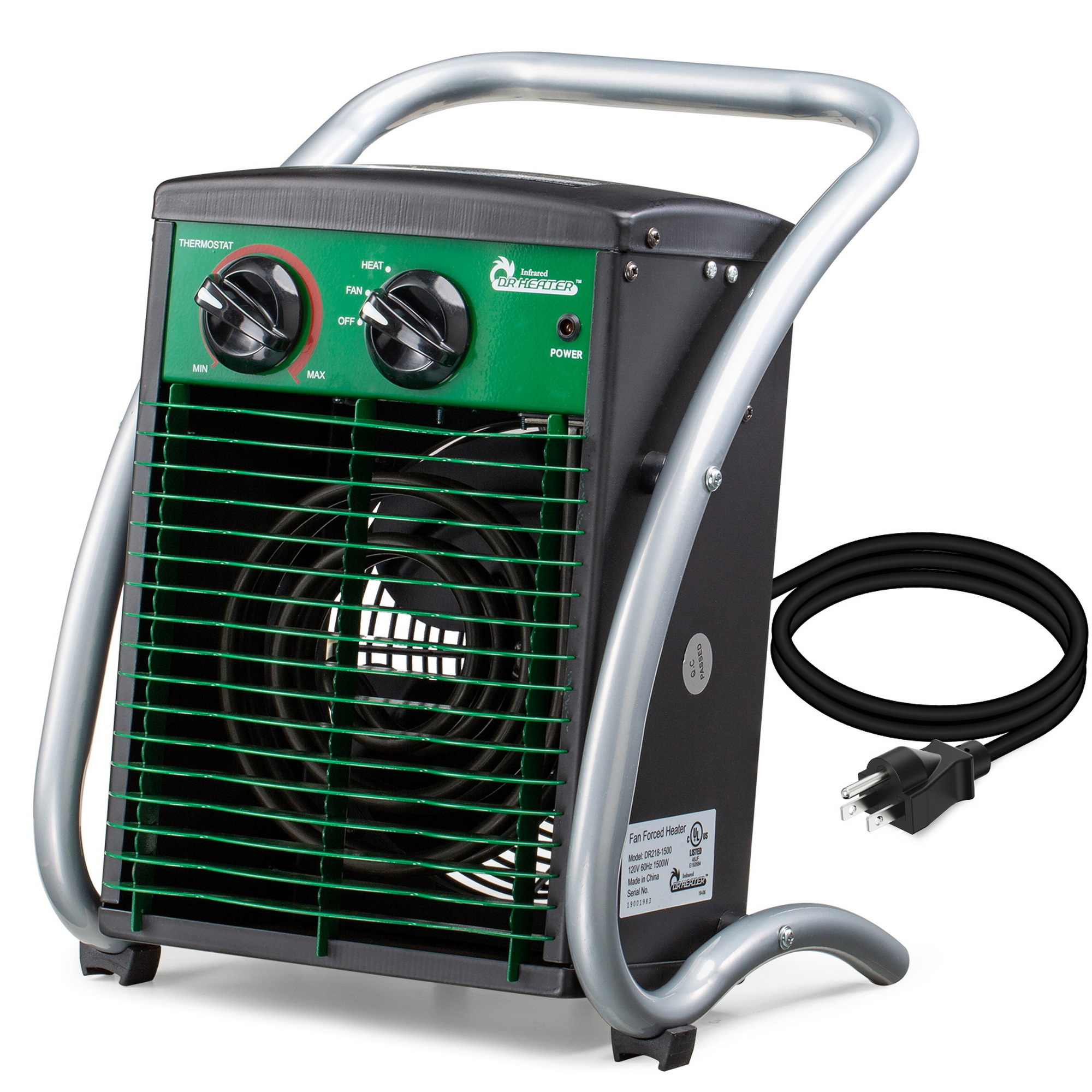 Dr. Infrared Heater, 1500W Garage Workshop Infrared Heater, 120V, Heat Type Infrared, Heat Output 5200 Btu/hour, Heating Capability 150 ft², Model# DR-218-1500W